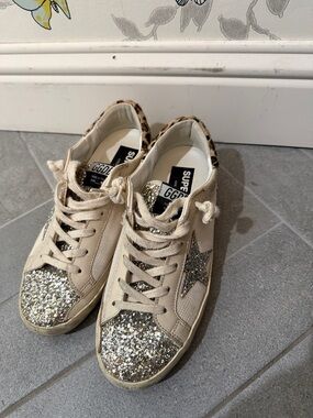 Golden Goose Beige Low-Top Sneakers with Silver Glitter & Leopard Heel size 39